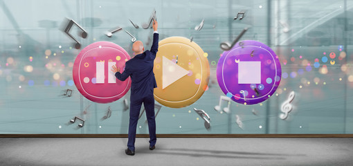Aufkleber - Man holding a Music button and notes playing  3d rendering