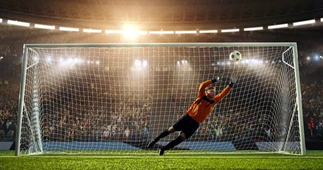 Wall Mural - Soccer goalkeeper jumps and fails to catch ball on a professional soccer stadium. Stadium and crowd is made in 3D and animated