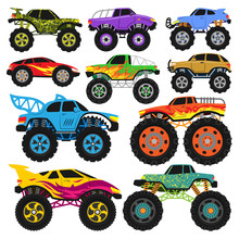 Monster Truck Vector Cartoon Vehicle Or Car And Extreme Transport Illustration Set Of Heavy Monstertruck With Large Wheels Isolated On White Background