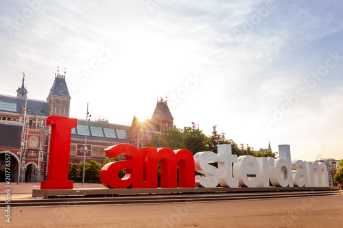 The sign i amsterdam in front of rijksmuseum in Amsterdam on sunrise Canvas Print