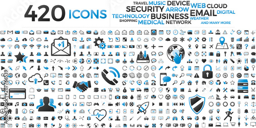 Fotomural Black and blue web business technology icons set