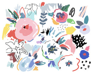 Wall Mural - Creative universal artistic floral background. Hand Drawn textures. Trendy Graphic Design for banner, poster, card, cover, invitation, placard, brochure or header. Vector
