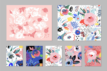 Wall Mural - Creative universal artistic cards. Floral background. Trendy Graphic Design for banner, poster, cover, invitation, placard, brochure, header.