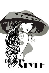 Sticker - Fashion woman portrait in a hat with flowers and a shopping bag. Vector illustration.