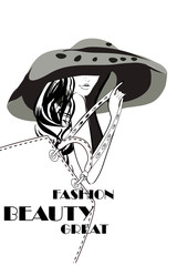 Sticker - Fashion woman portrait in a hat with flowers and a shopping bag. Vector illustration.