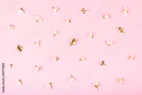 White flowers pattern on pink background. Pattern made of jasmine flowers. Pa...