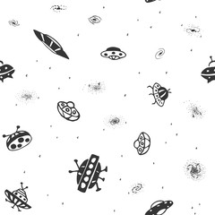 Wall Mural - Vector seamless background from hand drawn UFO. Doodle UFO Flying Saucer and galaxy. UFO pattern