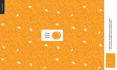 Food patterns - fruit, orange texture - a seamless pattern of the orange pulp full of white seeds on the orange background
