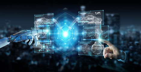 Poster - white robot hand using robotics arms with digital screen 3d rendering