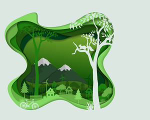 Eco friendly save the environment conservation concept,Countryside silhouette in green color landscape,Abstract paper art scene in depth layer background