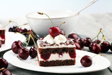 Wall Mural - Chocolate cake with cherries and whipped cream. Black Forest cake