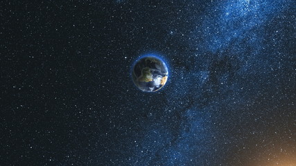 Wall Mural - space view on planet earth and sun star rotating on its axis in black universe. milky way in the bac
