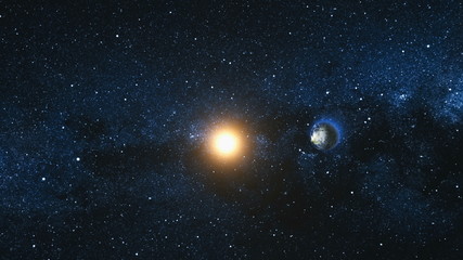Wall Mural - space view on planet earth and sun star rotating on its axis in black universe. milky way in the bac