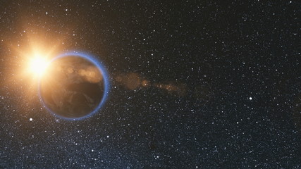 Canvas Print - space view on planet earth and sun star rotating on its axis in black universe. seamless loop with d