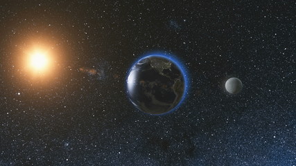 Wall Mural - sunrise view from space on planet earth and moon rotating in space against the background of the sta