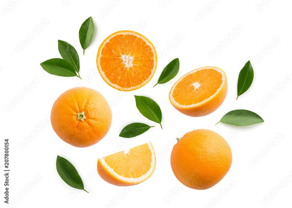 Group of slices, whole of fresh orange fruits and leaves isolated on white background. Top view - obrazy, fototapety, plakaty 