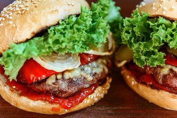 Poster - delicious homemade burger with juicy meatball and grilled vegetables