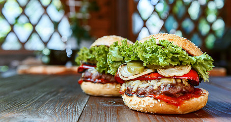 Poster - delicious homemade burger with juicy meatball and grilled vegetables