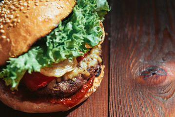 Wall Mural - delicious homemade burger with juicy meatball and grilled vegetables