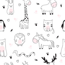 Vector Seamless Pattern. Cartoon Sketch Illustration With Cute Doodle Animals.
