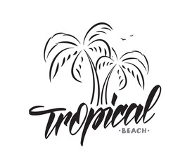 Wall Mural - vector lettering typography design of tropical beach with palm trees on white background. summer vac