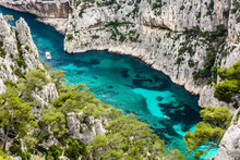 Bird's Eye View Of The Calanque Of En-Vau, A Hard-to-reach Natural Creek With Crystal Clear Water On The French Mediterranean Coast, Part Of The Calanques National Park Between Marseille And Cassis.