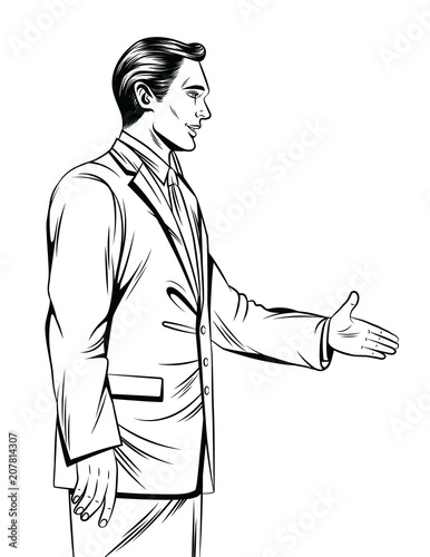 photo Handsome Man In Suit Drawing https stock adobe com images vector black and white line art illustration of an office man handshake handsome young man standing in profile in suit isolated from white background 207814307 start checkout 1 content id 207814307
