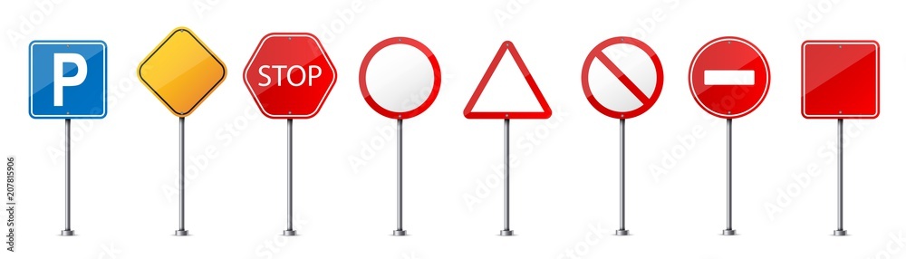 Creative vector illustration of road warning sign isolated on transparent background. Art design realistic blank traffic regulatory template. Abstract concept graphic empty banners mockup element - obrazy, fototapety, plakaty 
