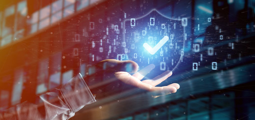Poster - Man holding a Shield web security concept 3d rendering