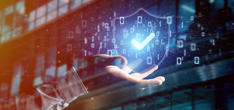 Man holding a Shield web security concept 3d rendering