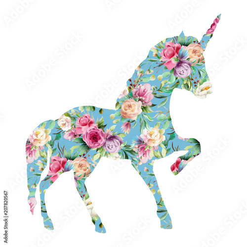 Beautiful unicorn, magic horse, fantasy silhouette, double exposure with wate...