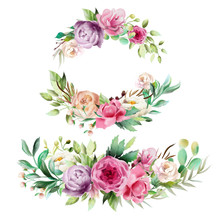 Beautiful Watercolor Floral Bouquet, Whimsical Flowers Wreath, Frame, Border, Divider. Pink Rose, Violet And Cream Peony. Fantasy Wedding Arrangement Isolated On White