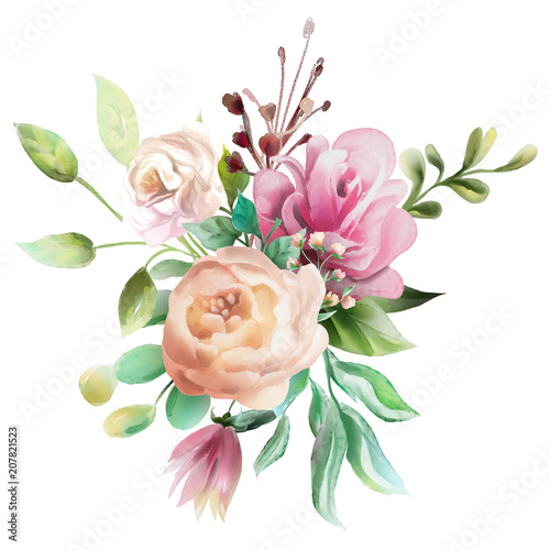Beautiful watercolor floral bouquet, whimsical flowers wreath. Pink rose and ...