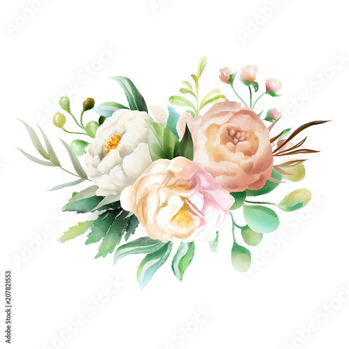 Beautiful watercolor floral bouquet, whimsical flowers wreath. Pink rose and ...