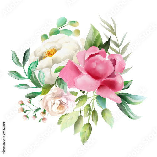 Beautiful watercolor floral bouquet, whimsical flowers wreath. Pink rose and ...
