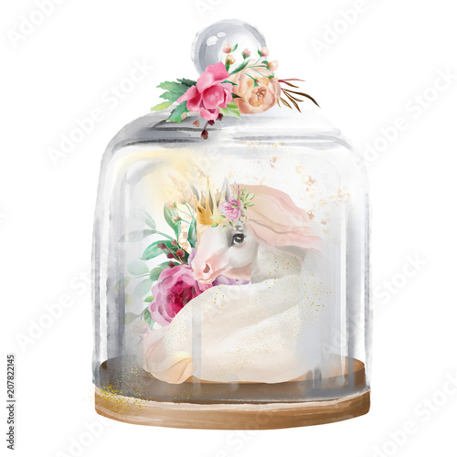 Beautiful, unicorn, magic horse in gold crown and flowers in a glass mason ja...