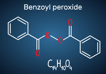 Poster - Benzoyl peroxide (BPO) molecule. Structural chemical formula and molecule model on the dark blue background