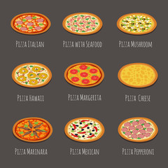 Canvas Print - Delicious pizza icons. Pepperoni, margherita and other italian pizzas slices isolated vector illustration