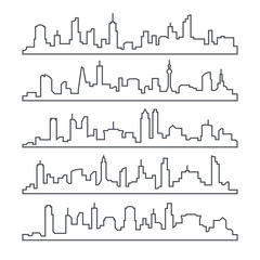 Wall Mural - Skyline city. Building line of town. Outline urban vector cityscape set isolated