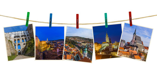 Wall Mural - Cesky Krumlov in Czech republic images (my photos) on clothespins