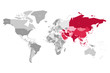 Map of World in grey colors with red highlighted countries of Asia. Vector illustration.