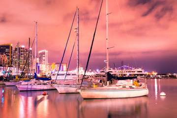 Fototapete - Beautiful San Diego California at night after sunset with pink sky, skyline buildings, boats and water.
