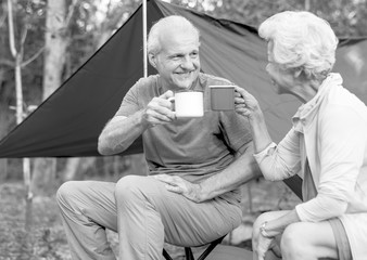 Wall Mural - Friends having coffee at a campsite