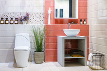 White Urinal And Washbasin And Shower In Granite Bathroom, Modern House Bathroom Interior, Luxury Bathroom