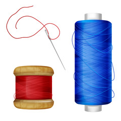 Thread spool vector illustration on sewing tools. Blue and red thread on wooden and plastic spool with needle for tailoring and needlework supplies