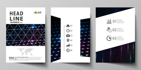 Poster - Business templates for brochure, magazine, flyer, booklet. Cover template, layout in A4 format. Abstract colorful neon dots, dotted background. Glowing particles, led light pattern, vector design.