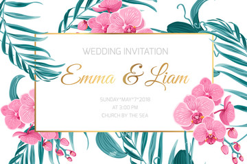  Wedding marriage event invitation card template. Border frame decorated with exotic pink purple orchid phalaenopsis flowers and tropical green jungle tree palm leaves. Shiny golden text placeholder.