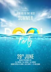 Summer pool party poster template. Vector illustration with deep underwater ocean scene. Background with realistic clouds and marine horizon. Invitation to nightclub.