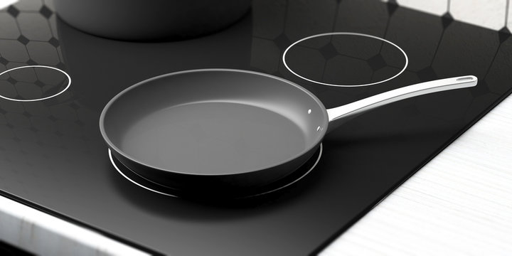 Black empty frying pan on ceramic hob. 3d illustration