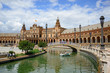 Seville, Spain - May 25, 2018: Plaza de España with the building of the National Geographic Institute in the background.